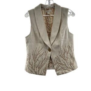 Coldwater Creek Embroidered Vest Single Button Cream/Brown Size 8